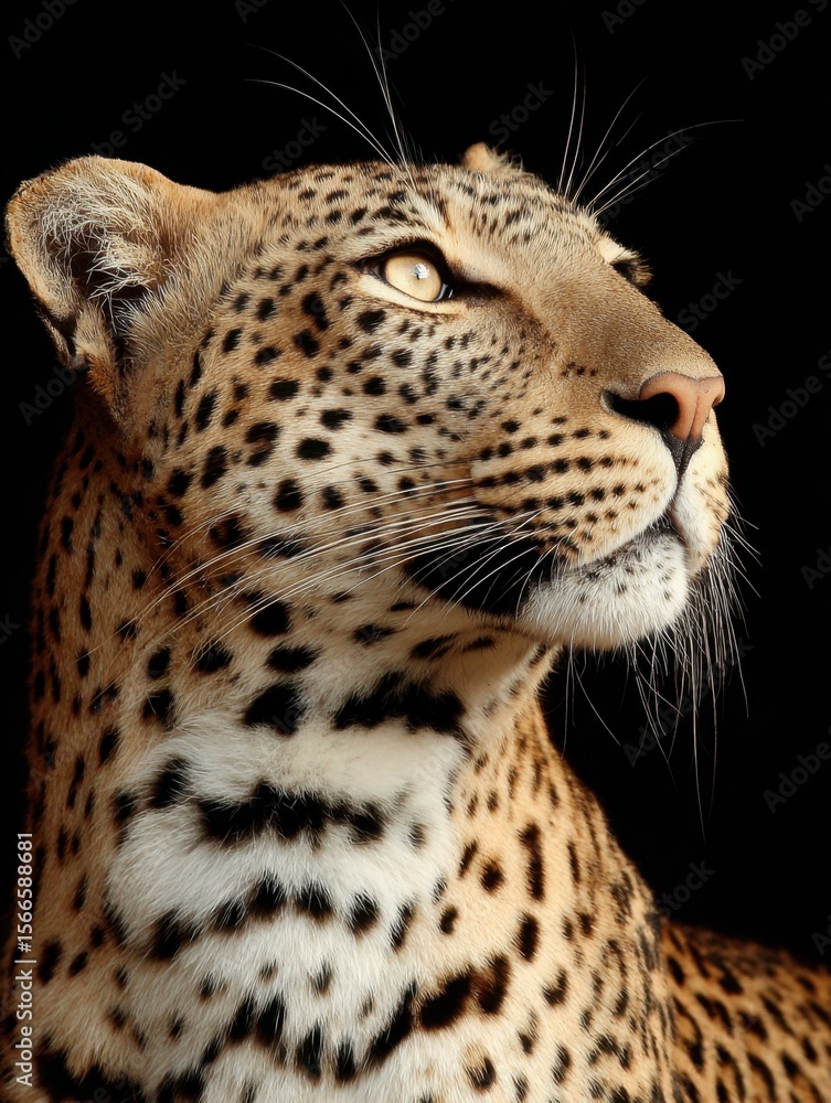 Fototapeta premium A leopard with its head tilted upwards against a black background