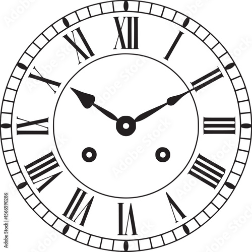 Clock face vector graphic with roman numerals for time telling and design element for watch and timepieces on transparent background