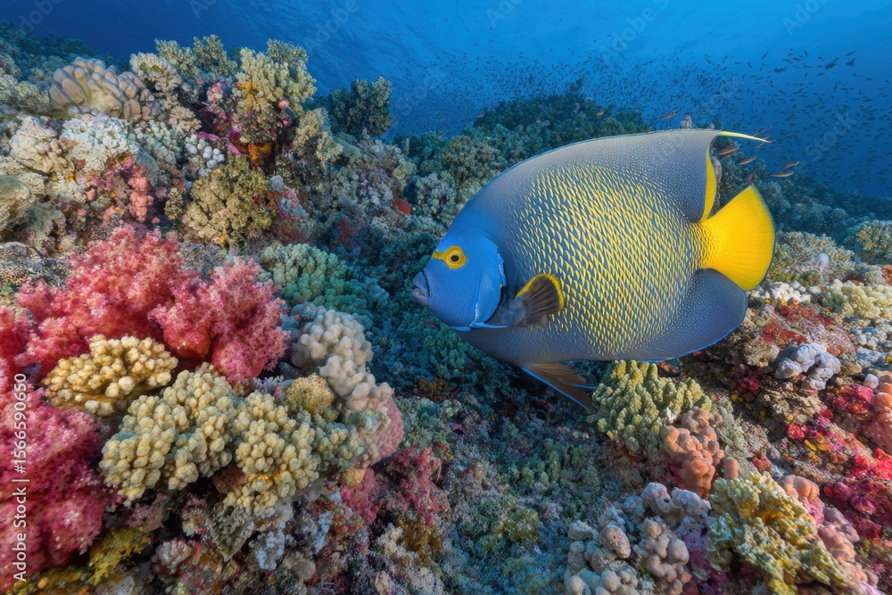 A vibrant blue-and-yellow fish thrives amidst a kaleidoscope of coral reefs, embodying the rich biodiversity of our oceans A vibrant blue-and-yellow fish thrives amidst a kaleidoscope of coral reefs, embodying the rich biodiversity of our oceans