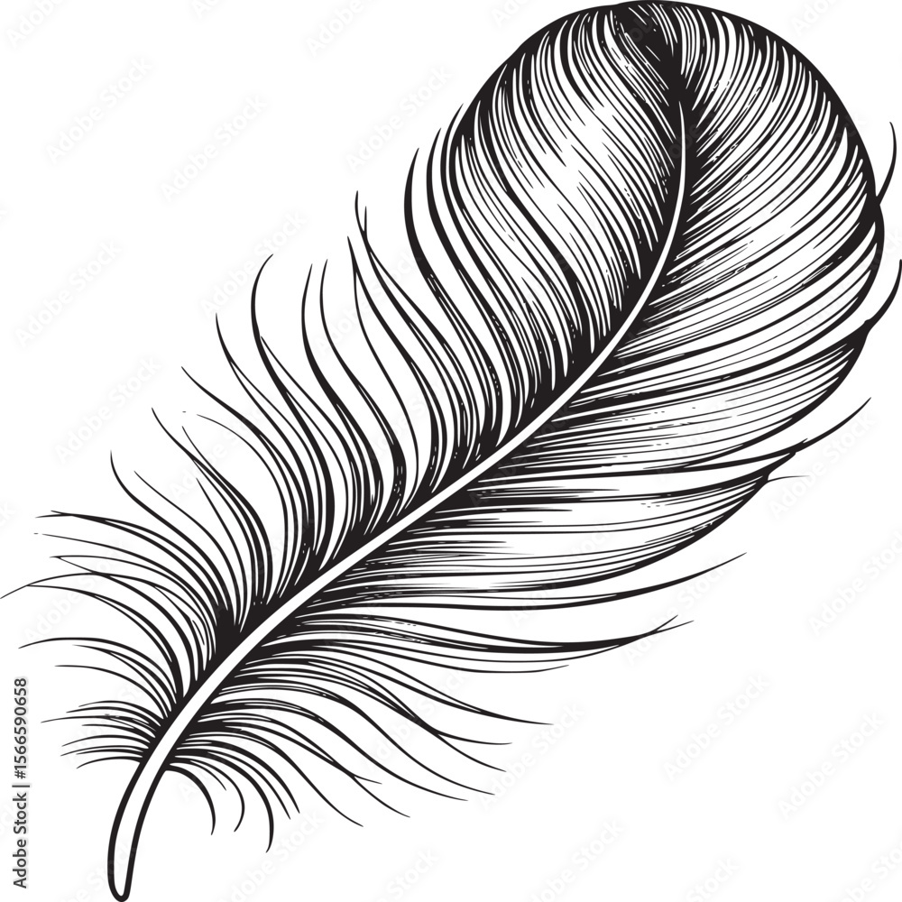 Obraz premium Feather illustration black and white drawing vector graphic design element isolated on white background on transparent background