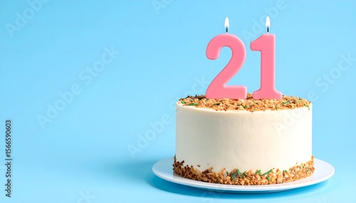 Elegant white and pink 21st birthday cake with nuts and pastel background