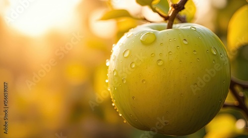 Golden Hour Apple with Dew Drops on Branch
