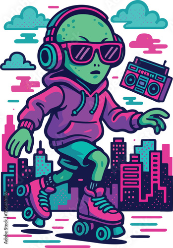Alien Rollerblading in City: A cartoon alien sporting sunglasses and headphones rollerblades through a cityscape, embodying a unique blend of extraterrestrial and urban culture. 