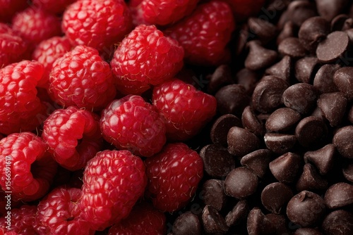 A vibrant array of ripe raspberries intertwined with dark chocolate chips, symbolizing a delightful blend of flavors and textures