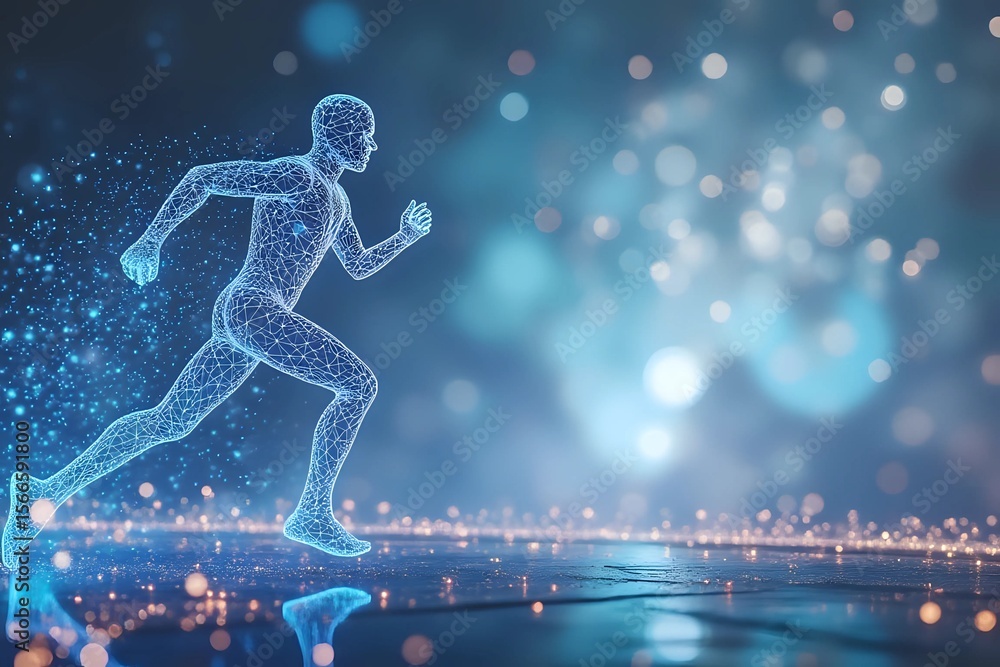 Naklejka premium Running Man in glowing polygonal connection dots with futuristic silver geometric background with copy space