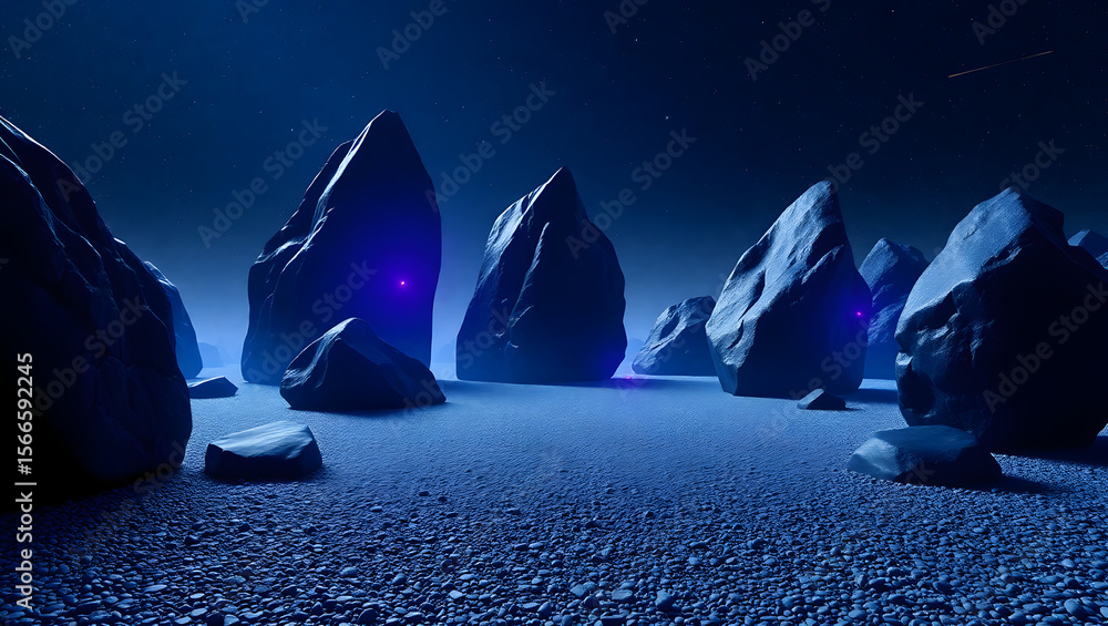 Obraz premium Mystical Stone Formation: An otherworldly landscape presents an array of imposing stones bathed in an ethereal, blue light, creating an atmosphere of mystery and intrigue.