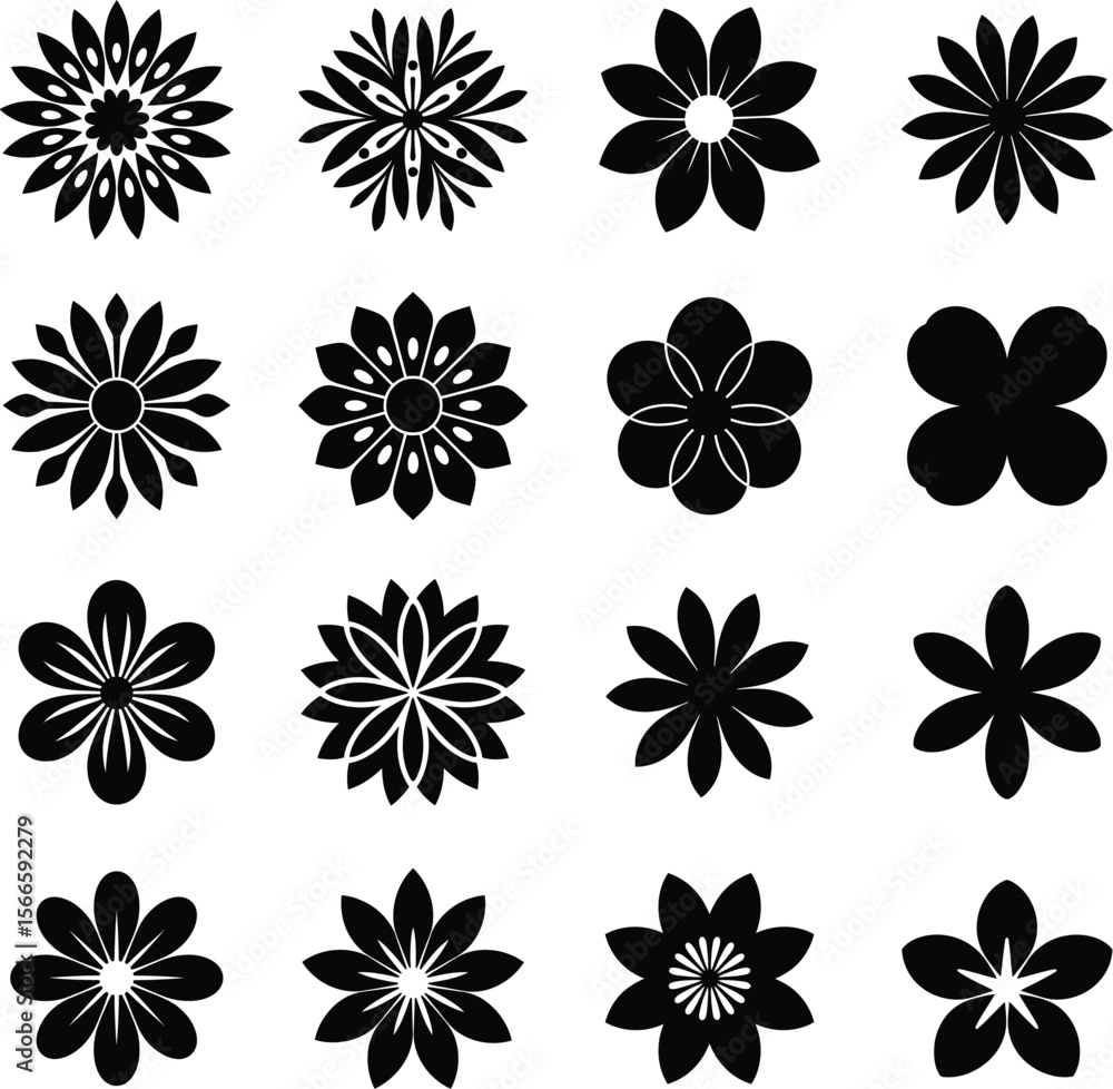 Fototapeta premium Collection of Sixteen Flower Designs in Black and White Silhouette