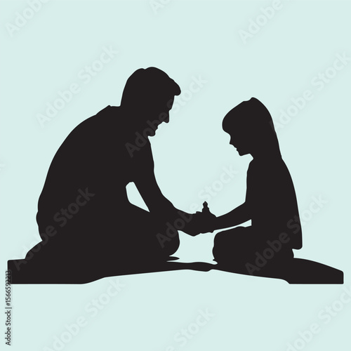 Playing Board Game Silhouette Icon Father and Child Bonding