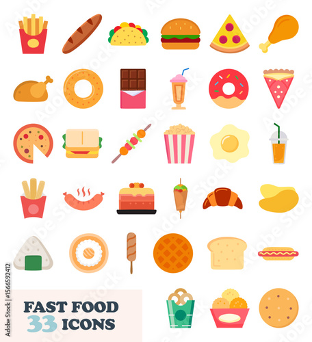 Fast food flat icons set. Vector illustration of french fries, burger, pizza, fried chicken, popcorn, sandwich, kebab, smoothie, milkshake, cake and other restaurant menu items.