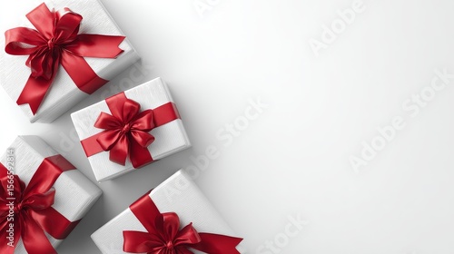 Elegant gift box with red ribbon on white background holiday present composition minimalist style