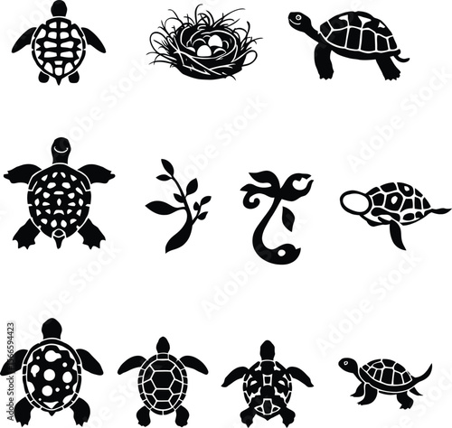 Shell bound Harmony  Nature-Inspired Silhouette Set Featuring Turtles, Nest, and Aquatic Whimsy