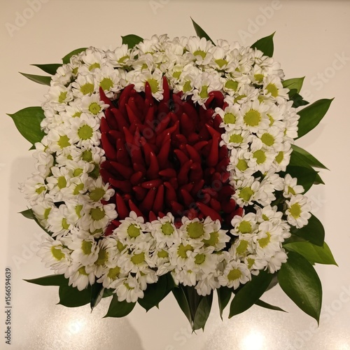 Bouquet quadrato con peperoncini e margheritine.