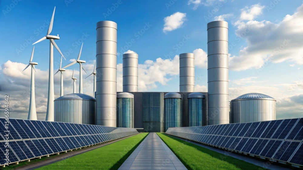 Fototapeta premium A modern renewable energy facility featuring solar panels, wind turbines, and futuristic industrial buildings under a blue sky with scattered clouds.