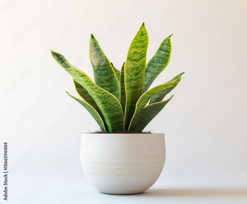 Elegant snake plant in white pot, minimalist indoor decoration, vibrant green leaves against clean background for modern home design inspiration Elegant snake plant in white pot, minimalist indoor decoration, vibrant green leaves against clean background for modern home design inspiration