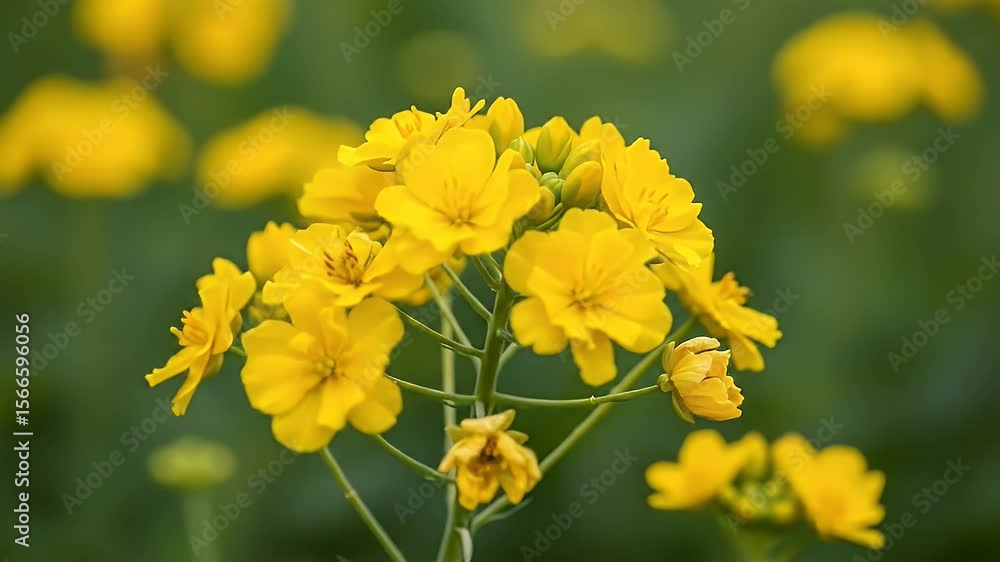 Close-up of vibrant yellow rapeseed flowers in full bloom against a soft green bokeh background, capturing the essence of spring Close-up of vibrant yellow rapeseed flowers in full bloom against a soft green bokeh background, capturing the essence of spring