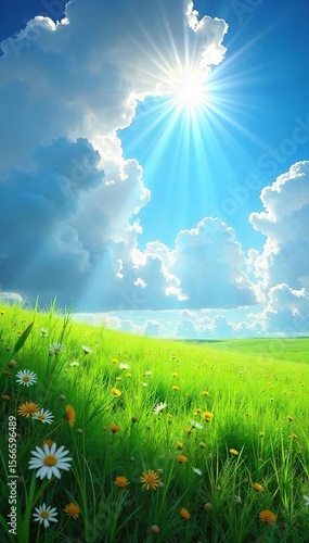 Sunlit Meadow with Dappled Shadows Bright Summer Day, Cheerful Nature Scene