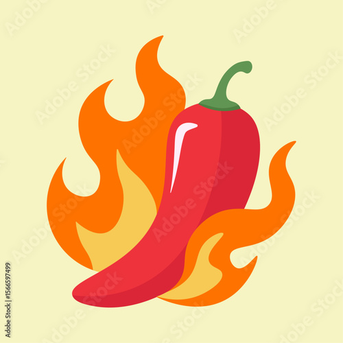Illustration of a red hot chili pepper surrounded by flames. Concept of spicy food, heat, and flavor. Flat design vector graphic isolated on a light background for culinary concepts