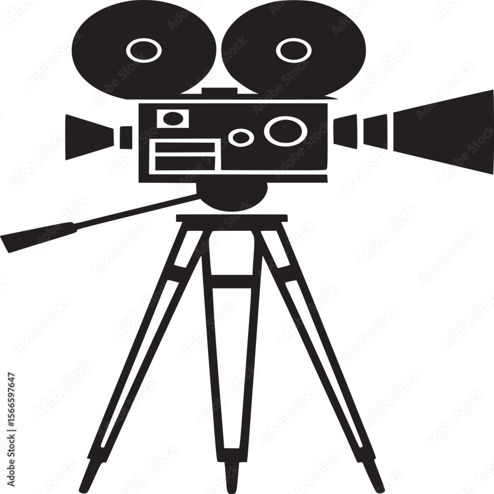 Obraz premium Vintage movie camera icon vector illustration, cinema film production equipment, old style filmmaking tool on transparent background