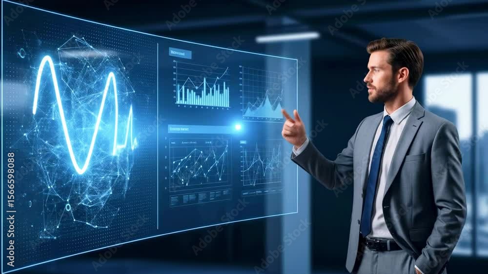 Businessman interacting with a futuristic data interface in a modern office, analyzing trends and insights Businessman interacting with a futuristic data interface in a modern office, analyzing trends and insights