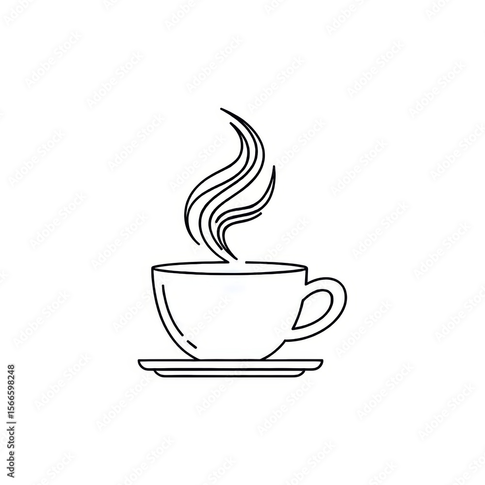 Obraz premium Minimalist line art illustration of a steaming cup of coffee on a saucer against white background