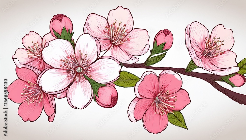 Naklejka premium hand drawn cherry blossom spring flowers branch isolated on white