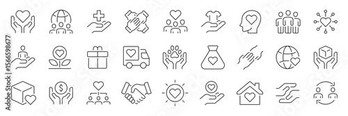Volunteering thin line icons set. Volunteer, donation, help icon. Editable stroke. Vector