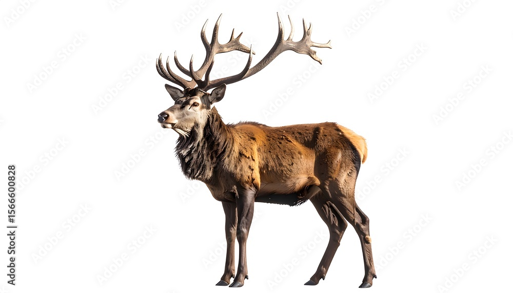 Fototapeta premium Majestic red deer stag with large antlers standing on white background