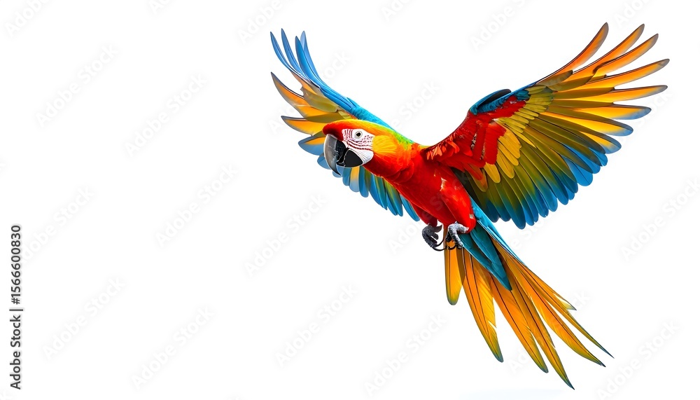 Fototapeta premium Tropical macaw bird gliding in flight with striking multicolor plumage