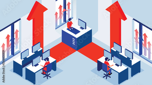Isometric view of an office with workers at desks and large red arrows pointing upwards in the room