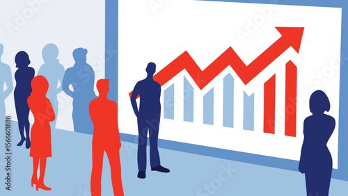Silhouetted people looking at a chart with an upward trending arrow and bar graph elements shown
