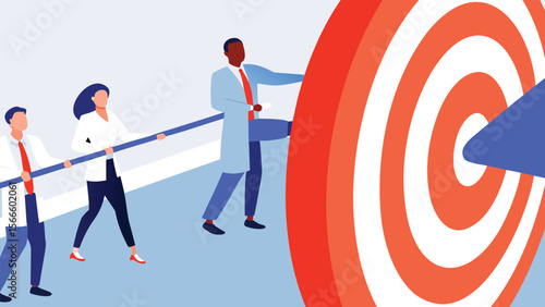 Teamwork illustration showing people aiming for a target with a blue arrow hitting the bullseye