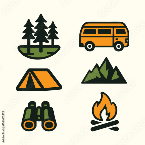Colorful camping icons Set,  Van Mountain, Tant, Fire, binoculars and Tree elements for camping and outdoor travel adventure.