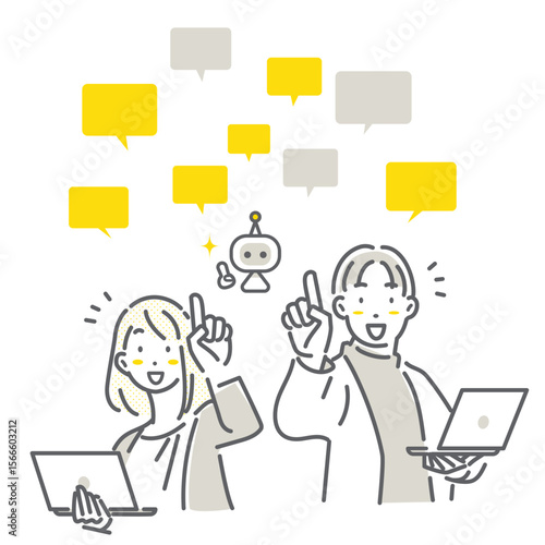 AIを効率的に活用する若いビジネスパーソン　シンプルでお洒落な線画イラスト