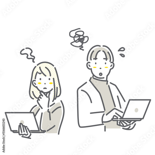 困っている若いビジネスパーソン　シンプルでお洒落な線画イラスト