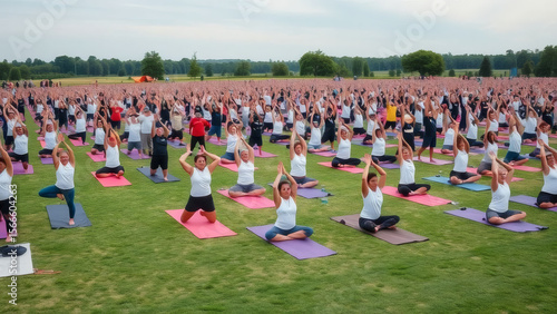 A massive group participates in an outdoor yoga session on a sprawling green field.