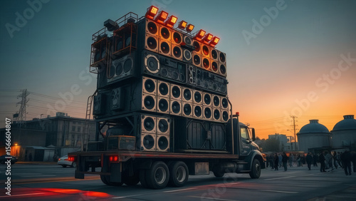 A flatbed truck, heavily laden with a towering stack of powerful speakers, drives through a city at sunset.