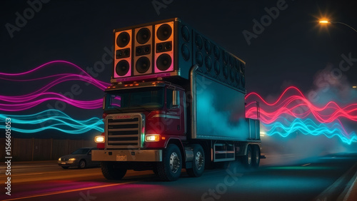 A large truck with powerful speakers, illuminated by vibrant light trails, moves down a city street at night.