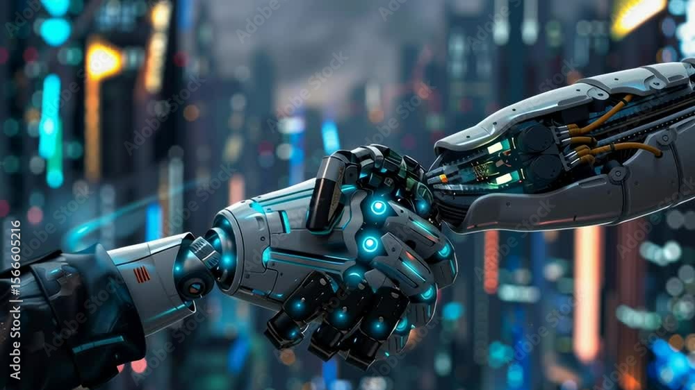 Two robots shaking hands in a city. The robots are blue and white. The city is lit up with lights Two robots shaking hands in a city. The robots are blue and white. The city is lit up with lights