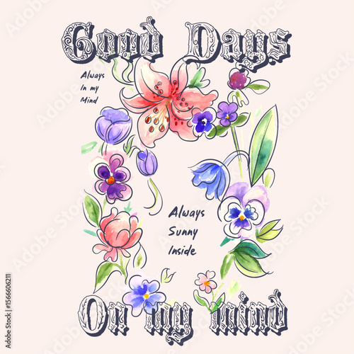 Watercolor flowers with line hand drawn illutration. summer flower graphics design. hand drawn floral line arts. women's girls flower t shirt design