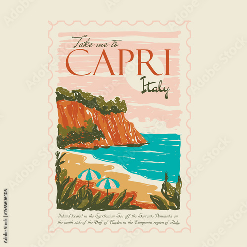 hand paint Capri Italy beach illustration graphics. summer capri beach vector illustration print. women's fashion design. t shirt design for capri beach in italy vibes. tropical vector art.