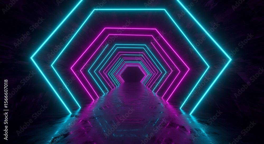 Fototapeta premium Neon Hexagon Tunnel with Vibrant Colors