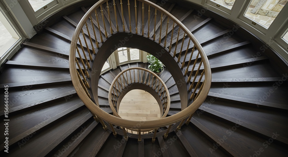 Fototapeta premium Elegant Dark Wood Spiral Staircase with Brass Accents and Natural Light