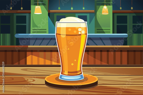 Cold golden lager in a glass mug with frothy foam on a wooden bar table