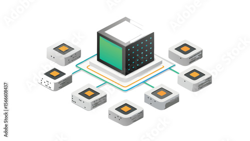 Isometric illustration of a central server connected to smaller peripheral devices network architecture