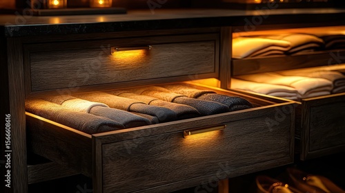 Wallpaper Mural Stylishly organized wooden drawers with neatly folded clothes, illuminated by soft lighting, creating a warm and inviting atmosphere for modern home decor. Torontodigital.ca