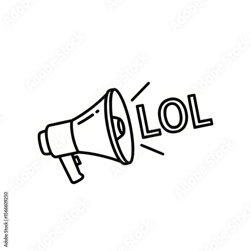 A line drawing of a megaphone with the letters lol coming out of it on a white background design