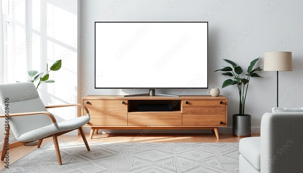 Fototapeta premium Living room interior with chair and tv set on drawer, mockup blank white screen, Lcd with a blank screen for digital mockups in a home setting