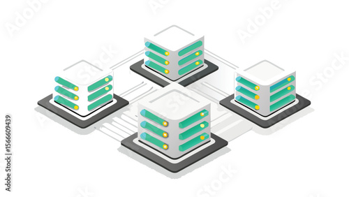 Isometric view of four server racks connected by a network on a white background in a simple style
