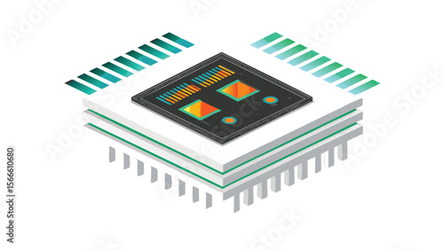 Isometric illustration of a multilayered electronic chip with visible components and connections
