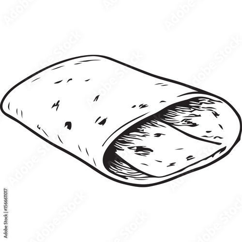 Discover authentic Arabic flatbread wrap illustration, a tasty meal, perfect for menus, recipes, and cultural designs in black and white